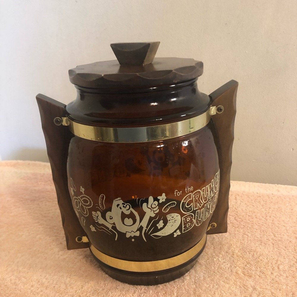 Vintage Siesta Ware Brown Glass Crunch Bunch Snack Jar Wood Lid & Handles